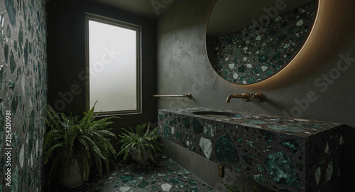 Luxurious dark green terrazzo washroom interior with showcases sophisticated bathroom terrazzo surfaces floating floating basin backlit backlit round mirror