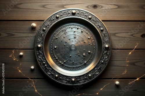 Intricate Celestial Design Adorning an Ornate Metallic Plate, Set Against a Dark Wooden Background with Ambient String Lights and Small Decorative Elements