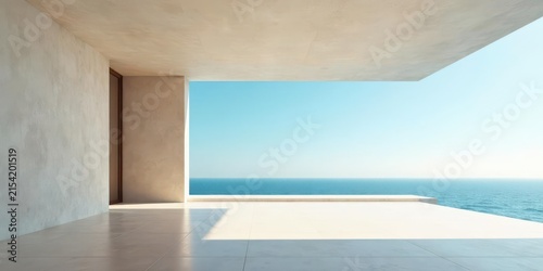 Serene Coastal Minimalist Architecture A Modern Open-Air Patio Overlooking a Calm Ocean