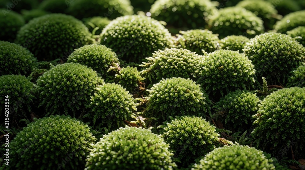 Obraz premium Close up of dense green moss clusters growing on forest floor. Rich, verdant, soft cushion like texture creates natural background. Macro view.