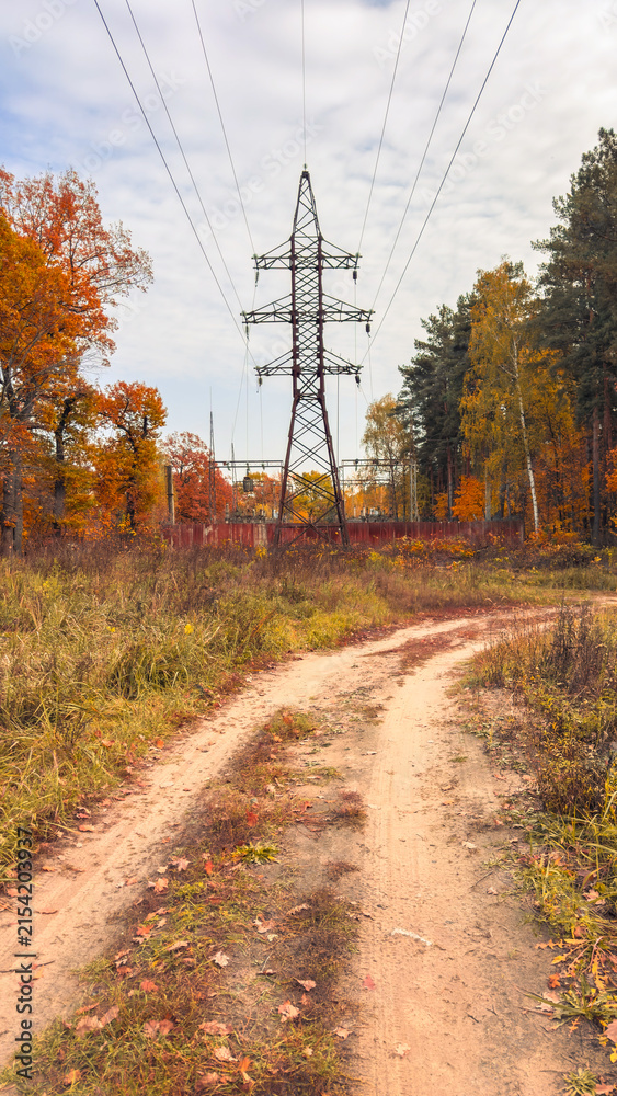 Obraz premium Dirt path winds through autumn forest. Electric tower stands tall against blue sky.