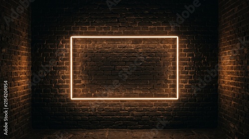 Rectangular orange neon light frame glowing on a dark weathered brick wall background in a dim room with corner shadows and textured masonry surface for copy space.