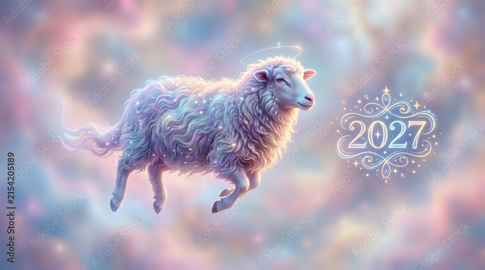 Obraz premium Fluffy sheep jumping through dreamy clouds with glowing 2027 number