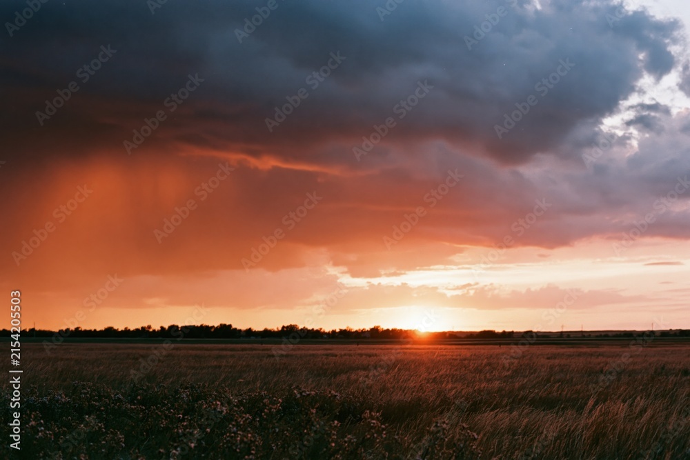 Obraz premium The Sunset Over The Farmland With Golden Clouds And Calm Horizon