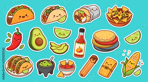 Cuadro en lienzo Kawaii style mexican food vector illustration set featuring smiling tacos burrit