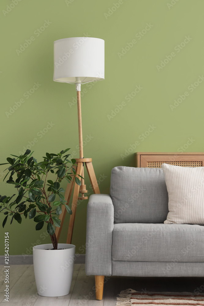 Fototapeta premium Stylish grey sofa with houseplant near green wall in room