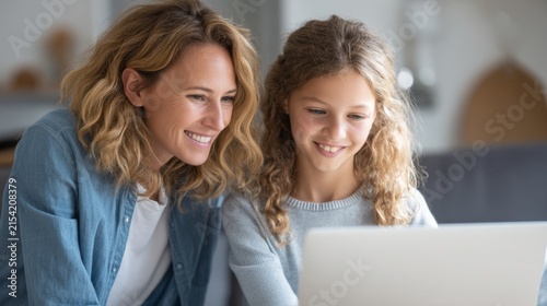 A joyful moment between a mother and daughter as they explore their interests together on a laptop at home creating a bonding experience. Generative AI