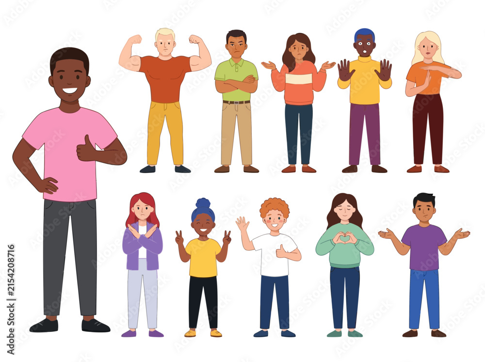 Obraz premium Diverse People Expressing Various Emotions and Hand Gestures