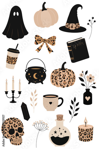 Leopard print Halloween vector clip art set, hand drawn gothic autumn elements, aesthetic spooky stickers pack, modern witchy vibes cauldron ghost skull pumpkin, editable design graphic bundle