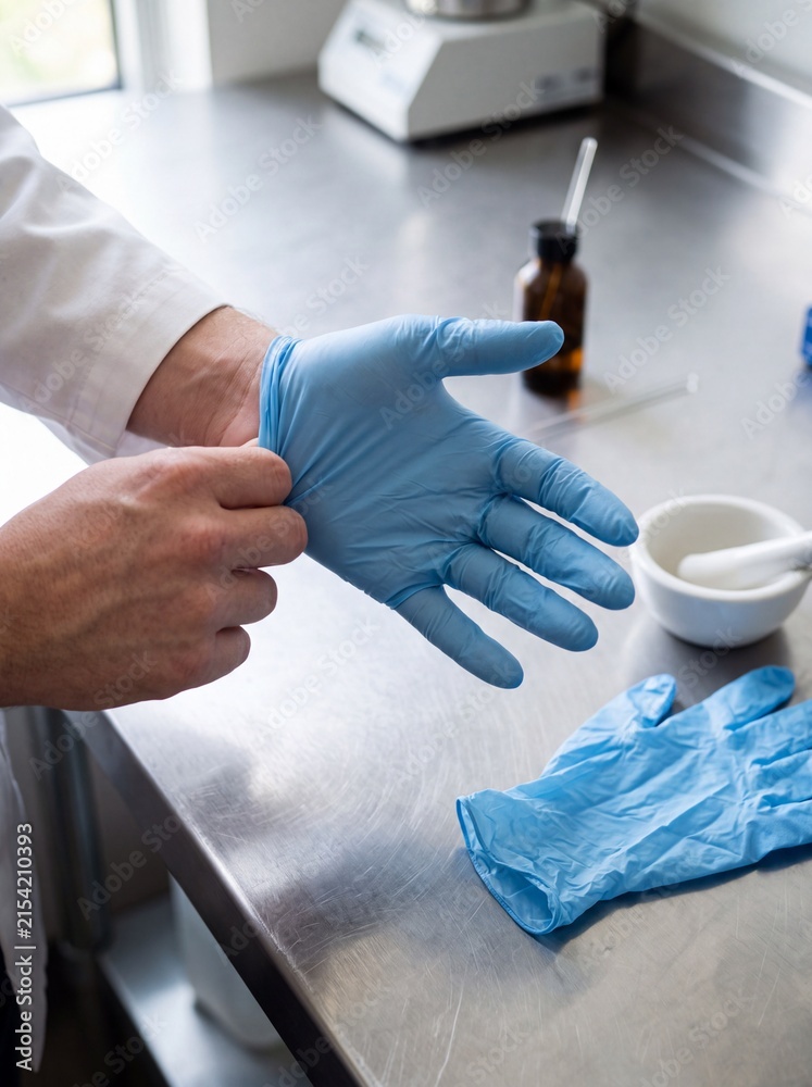 Fototapeta premium Apotheker zieht Handschuh nach Rezeptur aus in Nahaufnahme