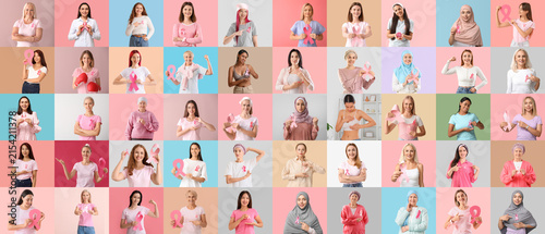 Diverse women of various ages and ethnicities holding pink ribbons and performing self-examinations for breast cancer awareness