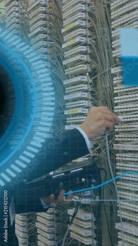 Animation of clock and statistics processing over shelves in warehouse