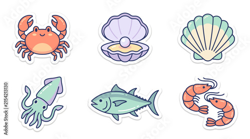 Cute sea creatures and seafood stickers set with crab shell squid and fish
