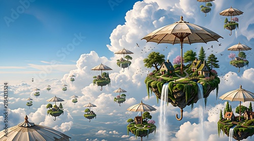Floating islands with houses and waterfalls under giant umbrellas in a cloudy sky.