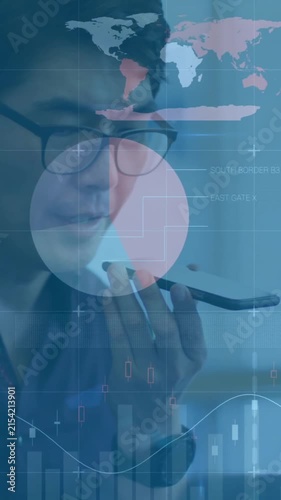 Animation of financial data processing over asian businessman using smartphone in office