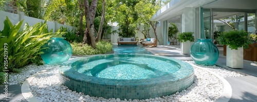 swimming pool at the bank of the luxurious beach glass platted with sierra blue water abstract backgroiund 