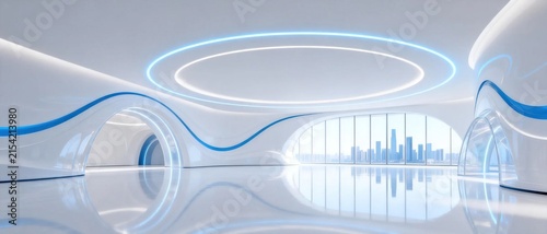 Empty modern futuristic empty interior room with flowing curved white walls glowing blue circular ceiling lights and large window overlooking distant city skyline
