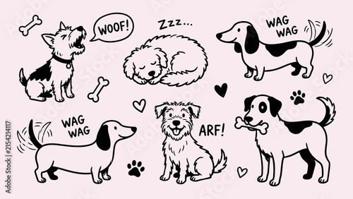 Cute dogs doodles set with barking sleeping wagging tail puppies