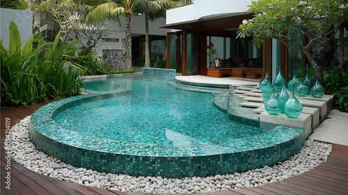 swimming pool at the bank of the luxurious beach glass platted with sierra blue water abstract backgroiund 