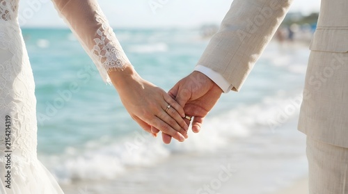 Bride and groom holding hands on a beach wedding ceremony