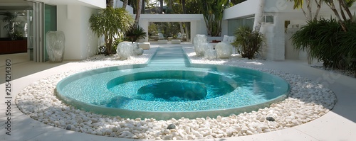 swimming pool at the bank of the luxurious beach glass platted with sierra blue water abstract backgroiund 