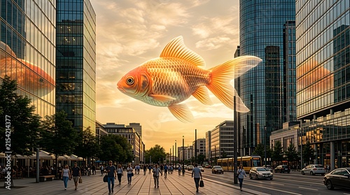Giant surreal goldfish floating above a busy modern city street.