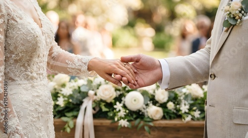 Bride and groom holding hands during wedding ceremony at outdoor floral altar