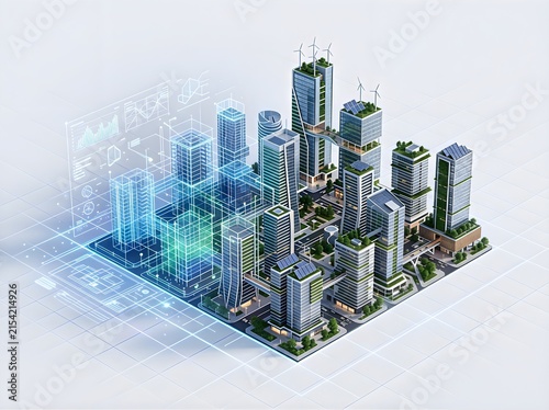 Isometric Digital Smart City Concept with Futuristic Infrastructure and Holographic Data Overlay.