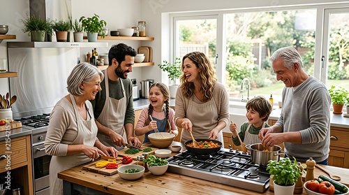 Multigenerational family cooking together in a bright kitchen.