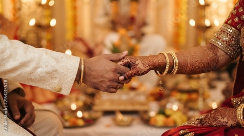 Indian bride and groom holding hands during traditional wedding ceremony