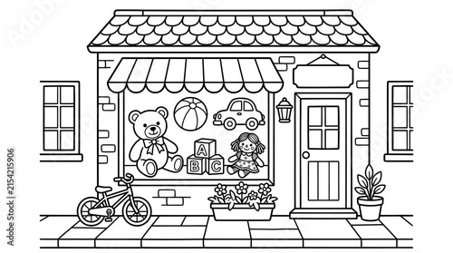 Cute Toy Shop Storefront Coloring Page with Teddy Bear and Bicycle