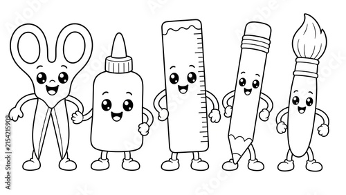 Cute Smiling Scissors Glue Ruler Pencil and Paintbrush Coloring Page