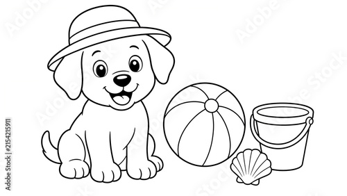 Cute Puppy with Beach Ball Shell and Bucket Summer Coloring Page