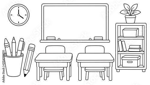 Empty Classroom with Blackboard Student Desks Clock and Bookshelf Coloring Page