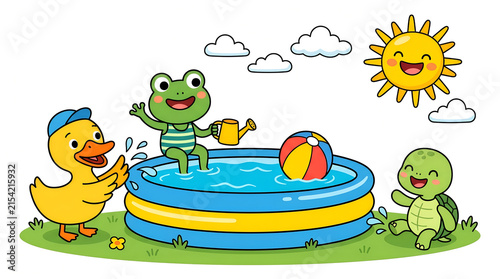 Cute Frogs Playing in Kiddie Pool with Beach Ball Summer Cartoon Illustration