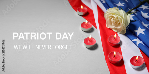 Принти на полотні Patriot day remembrance with american flag, white rose, and burning red candles