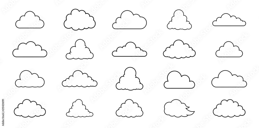 Fototapeta premium Set of various hand drawn cloud shapes isolated on a white background for design and creative projects