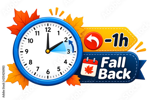 Fall Back Daylight Saving Time Clock with Autumn Leaves – Clock, Time, Calendar, Season, Autumn, Leaf, Reminder, Change, Hour, Symbol, Adjustment, PNG, Transparent Background
