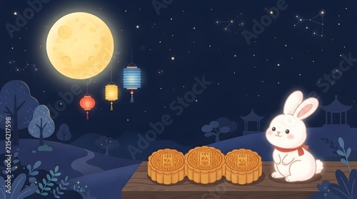 A cute white rabbit sits beside delicious mooncakes under a bright full moon during the traditional mid autumn festival china celebration with colorful floating paper