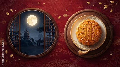 A traditional mooncake placed on a wooden plate next to a circular window view of a bright full moon during the mid autumn festival china