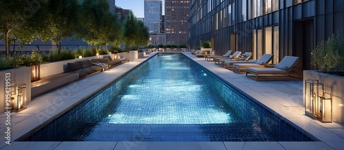 swimming pool at the bank of the luxurious beach glass platted with sierra blue water abstract backgroiund 