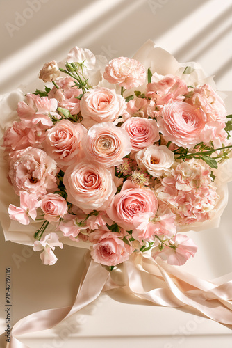 Luxury Blush Pink Flower Bouquet Wrapped in Ivory Paper with Satin Ribbons