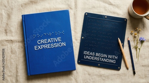 Handmade braille notebook and slate for creative expression on a rustic linen background with pencils and tea ideal for representing accessibility and inclusive education for visually impaired persons