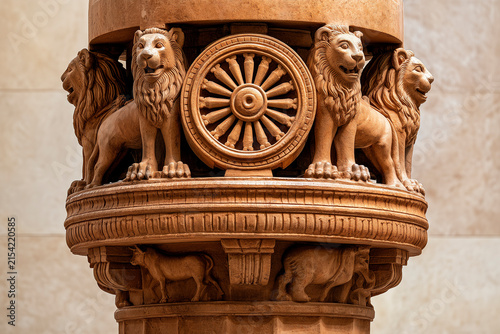 Ashoka Lion Capital with Dharma Chakra, Indian National Emblem Sculpture
