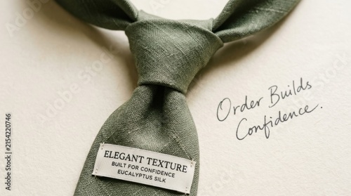 Elegant sage green eucalyptus silk necktie featuring a professional label and handwritten motivational quote on a textured paper surface, representing luxury style and confidence for modern men today.