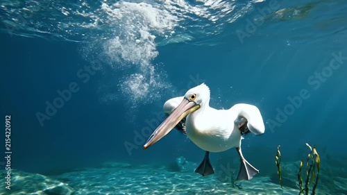 Majestic pelican flying low over a pristine mountain lake, with snow-capped peaks reflecting in the clear blue water