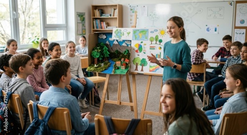 Young girl confidently presenting a project in a diverse classroom setting