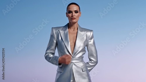 Fashion woman wearing silver metallic suit outdoor.