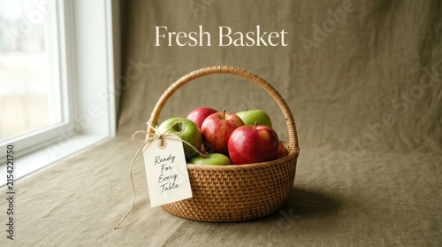 Fresh red and green apples sit inside a woven wicker basket near a bright window on a rustic linen surface, representing healthy organic food and natural lifestyle for a kitchen or dining room tables.