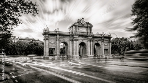 Monochrome long exposure landscape of historic city gate with motion blur and dramatic sky